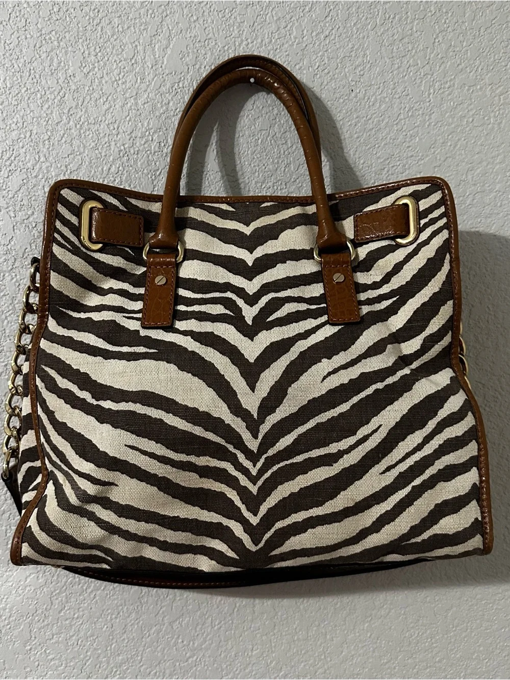 Michael Kors Hamilton Zebra Print Canvas Leather Tote Bag